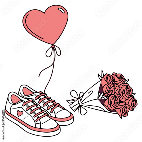 A heart shaped balloon tied to a bouquet of roses and sneakers