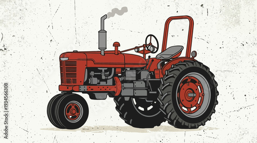 Vintage red tractor illustration with smoke from exhaust against textured background