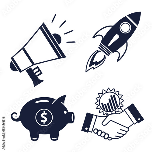 A set of icons representing business and finance