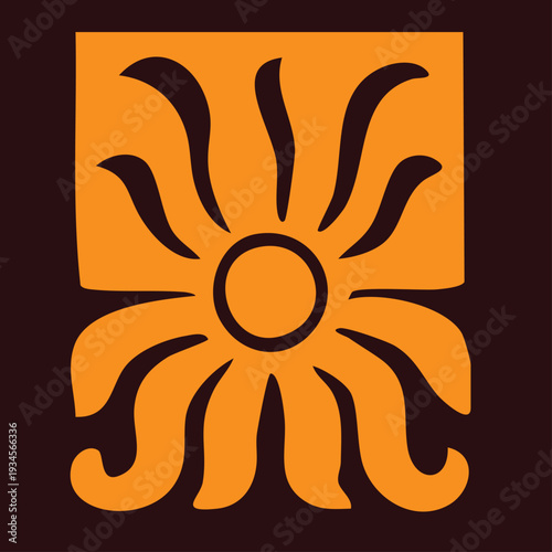 Bright orange circle design with yellow sunlight elements and flower-like nature shapes for a summer weather symbol or hot sunshine icon