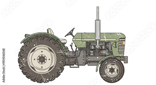 Vintage tractor illustration, agricultural vehicle, green, white background