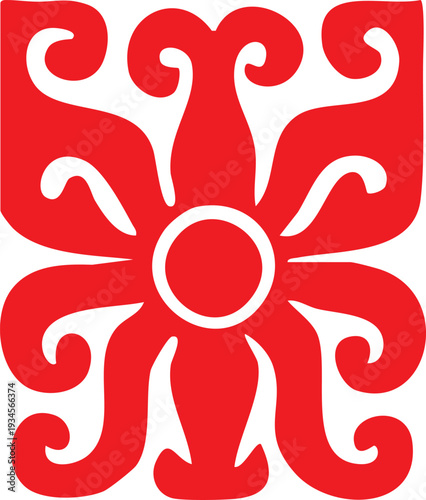 Vector illustration of a red and white background featuring a ribbon design with artistic ink blot shapes and a sun-like yellow circle element