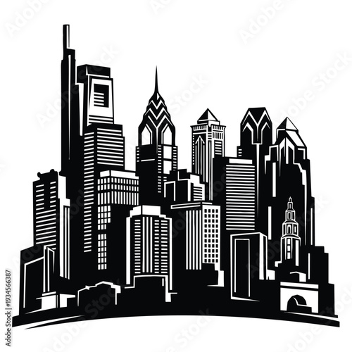 A black and white vector illustration of the Philadelphia skyline, showcasing various skyscrapers and buildings in a stylized urban landscape. Perfect for graphic resources, presentations,