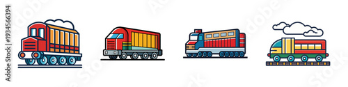 Colorful freight train set vector illustration with locomotive and cars in flat design
