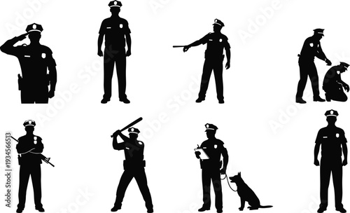Police officer silhouettes in various poses with weapons, salute, police dog, law enforcement and security activities