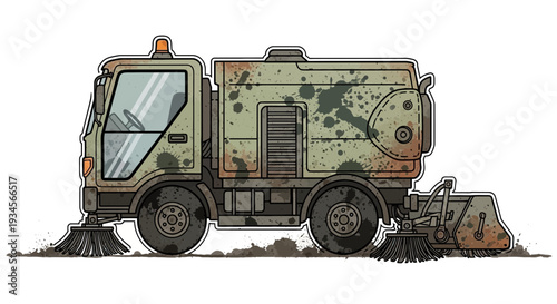 Dirty street sweeper truck with brushes cleaning road