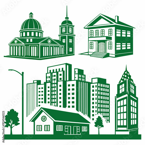 A green and white illustration of a city skyline with buildings