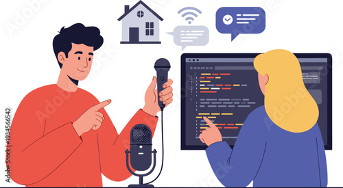 Podcast recording session, coding interface, smart collaboration, digital workspace, voice