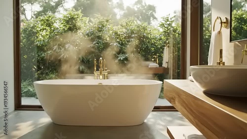 Luxurious Modern Bathroom with Steam and Greenery.