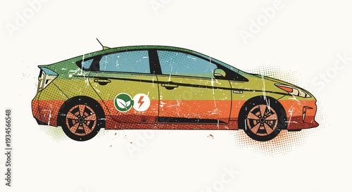 Eco-friendly electric car illustration with leaf and lightning bolt symbols