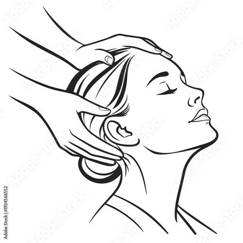 Woman receives head and neck massage with hands gently caressing top of head and ear area looking up with closed eyes in side profile