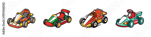 Colorful go-kart vector illustration with four racing karts in different designs, flat design