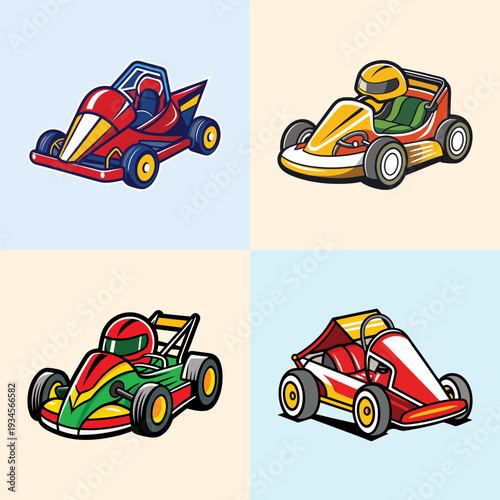 Colorful go-kart vector illustration with four racing cars in different designs, flat design