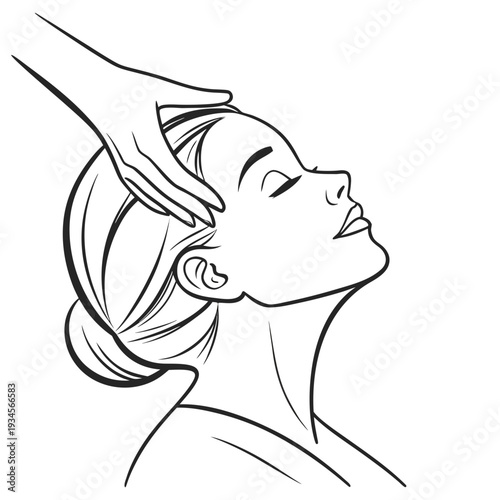 Woman enjoying head massage in profile view with eyes closed in line art, hand gently touching scalp, spa treatment