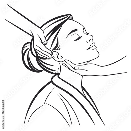 Woman enjoying head massage in profile view with eyes closed in line art, hands gently touching scalp and neck, spa treatment