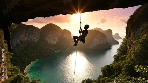 Man Rappelling Down Cliff Near Water Body.