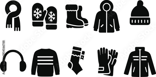 Winter clothing icons scarves mittens boots and warm outerwear