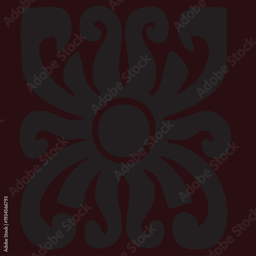 Seamless vector illustration of an abstract red floral background featuring an ornate vintage mandala pattern with elegant lace swirls and leaf ornaments in a round decorative style