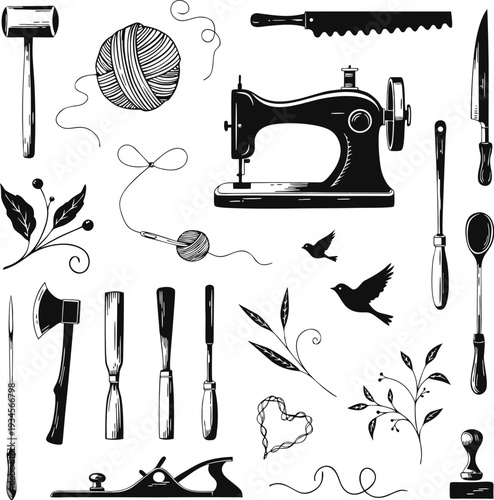 Collection of vintage crafting tools and decorative floral elements in black