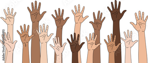 Diverse hands raised in the air palms fingers