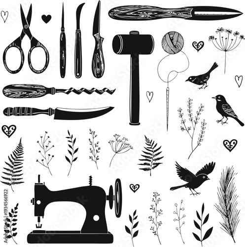 Vintage sewing tools birds and botanical illustrations in black and white
