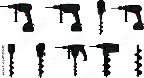 Power drill illustration, auger bit design, construction tool artwork, woodworking equipment silhouette, industrial tool engineering art
