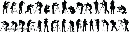 Photographer silhouettes with cameras and tripods professional photo shooting collection isolated on white background