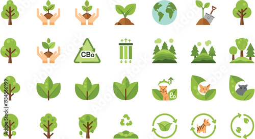 Eco Sustainability and Environmental Conservation Icon Set with Trees Plants Recycling Wildlife and Green Energy Flat Vector Collection