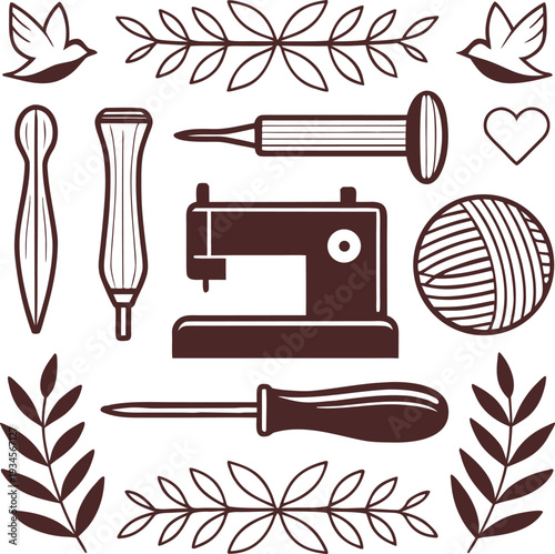 Vintage sewing tools and botanical elements in a decorative arrangement