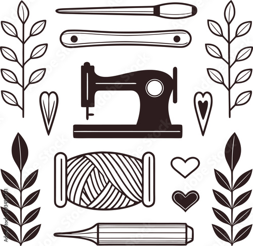 Vintage sewing tools and floral elements in a black and white illustration