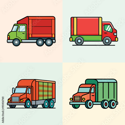Colorful truck vector illustration set, flat design style, transportation icons