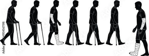 Injured man walking with crutches silhouette collection cad drawing flat vector illustration, medical rehabilitation recovery and leg cast concept