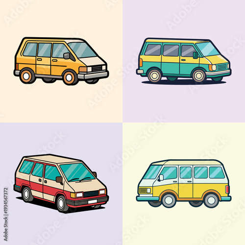 Four colorful minivans in different designs vector illustration