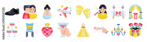 pack of flat style wedding and marriage icons