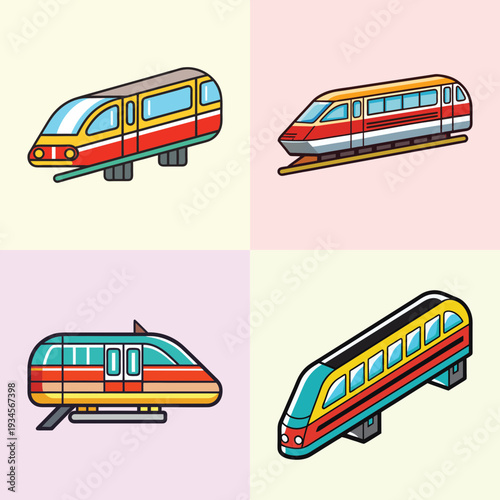 Monorail train vector illustration set in different angles and backgrounds flat design