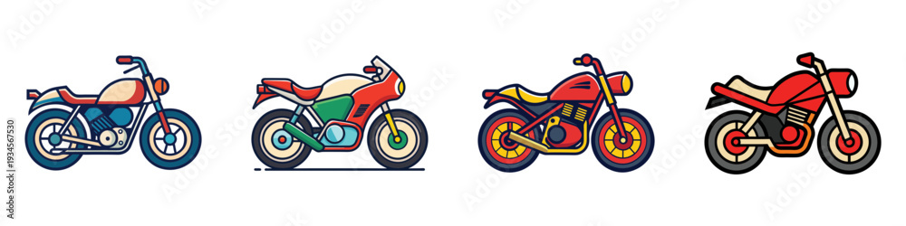 Fototapeta premium Four colorful motorcycles vector illustration, flat design, side view