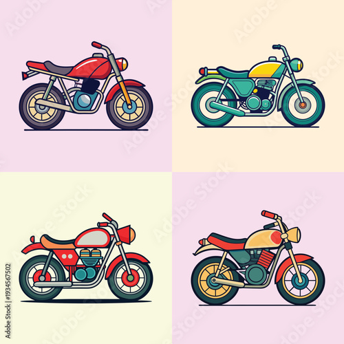 Colorful motorcycles set vector illustration, flat design graphic