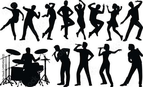 Music band silhouettes dancing people singers musicians drummer guitarist concert performance isolated on white background entertainment energy