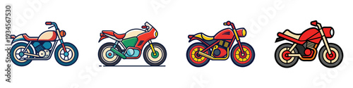Four colorful motorcycles vector illustration, flat design, side view