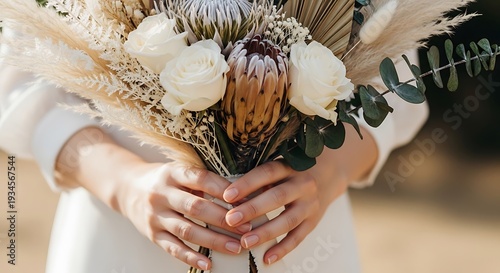 Elegant bridal bouquet of white roses and protea flower arrangement
