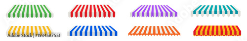 shop awning collection. Vector illustration of a store or market canopy isolated on transparent background.