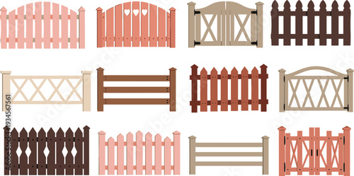 Wooden garden fences and gates vector collection with rustic picket panels and decorative yard barriers