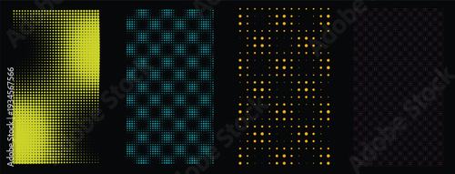 Four colorful rectangles with pixelated patterns background