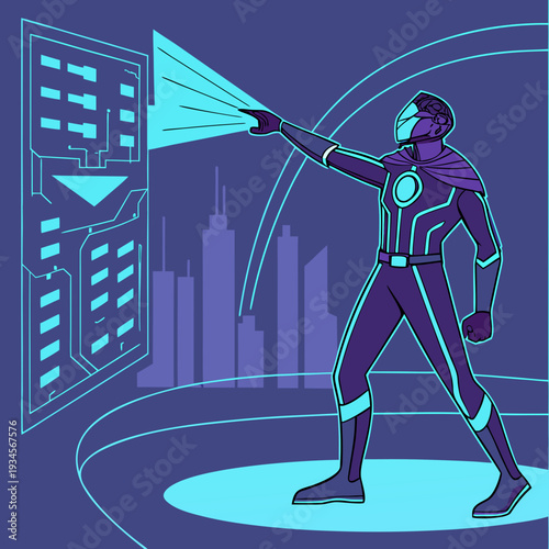 Cyberpunk superhero uses glowing interface to access data in a futuristic city, with digital projections and concentric circles