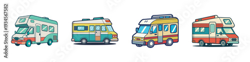 Colorful motorhome vehicles in various designs, vector illustration