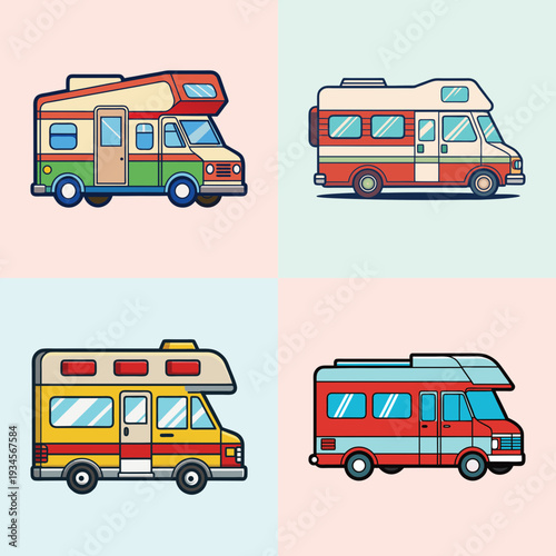 colorful motorhomes and campervans vector illustration, flat design