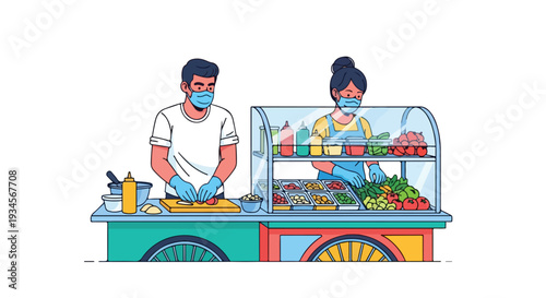 Illustration of a man and woman wearing face masks operating a colorful food cart with various fruits and vegetables on display.