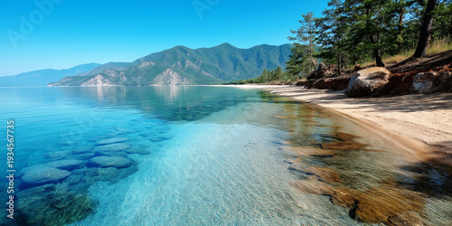 Crystal Clear Mountain Lake with Sandy Beach and Pine Forest Under Blue Sky