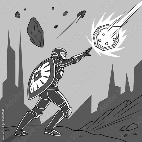 Armored warrior deflects falling meteor with shield, dramatic landscape, post-apocalyptic.