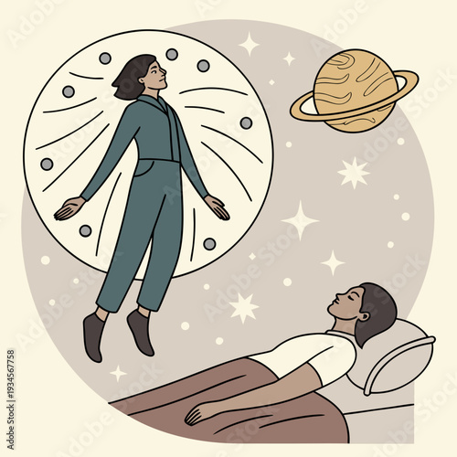 Astral projection dream: person levitates above sleeping body in starry cosmos, spiritual awakening.